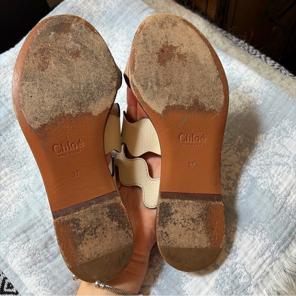 Chloe Lauren Sandals Slide Flats with Scalloped Straps Size 37 US 7 - Picture 5 of 6